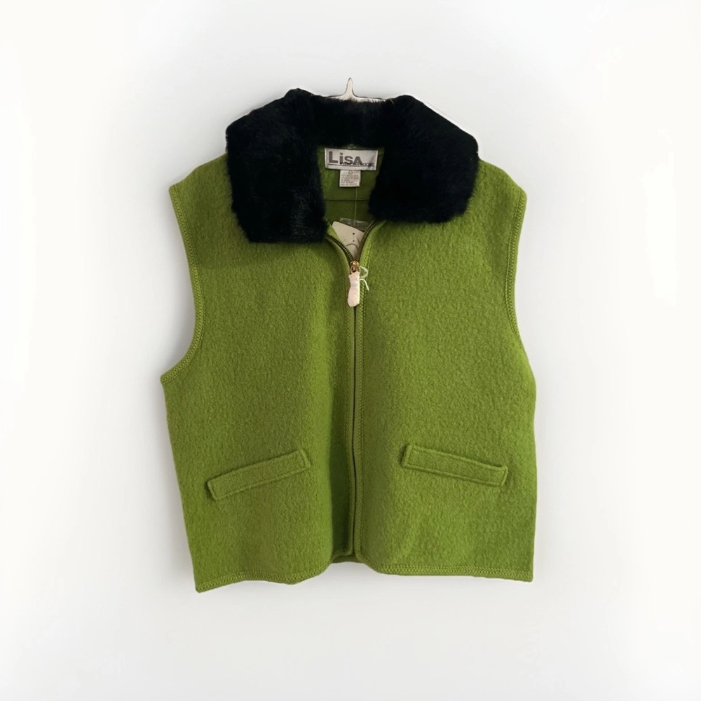 Lisa International Vest Womens Green Black FauxFur Front Zip Size L Pockets Wool